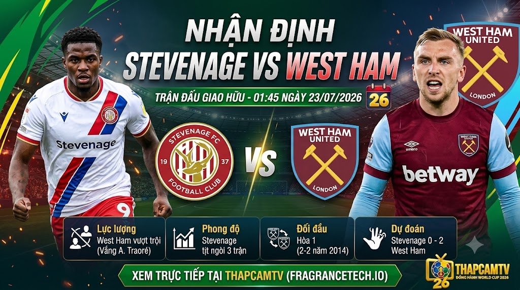 Ảnh bìa nhận định lực lượng, phong độ và đối đầu trận giao hữu giữa Stevenage vs West Ham ngày 23/07/2026 trên ThapcamTV.