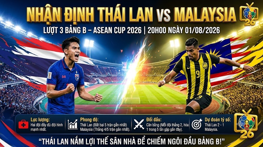 Nhận định bóng đá trận Thái Lan vs Malaysia tại vòng bảng AFF Cup 2026 chi tiết từ BLV Man Man trên nền tảng ThapcamTV.