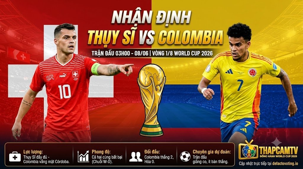Nhận định Thụy Sĩ vs Colombia vòng 1/8 World Cup 2026: Điểm nóng giữa đội trưởng Granit Xhaka và tiền đạo Luis Díaz cùng các dữ liệu chuyên môn trên ThapcamTV.