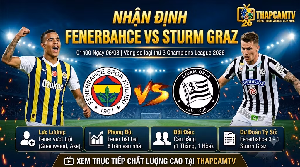 Nhận định tổng quan lực lượng và phong độ trận Fenerbahce vs Sturm Graz vòng sơ loại Champions League trên ThapcamTV.